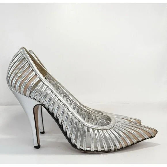Gucci Silver Leather Heels Laser Cut Stripe Metallic Y2K Vintage Sz EU 36.5C 6.5 - Picture 1 of 10